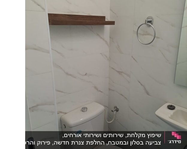 שירותים עם מדף עץ, טבעת מגבת, כיור קטן